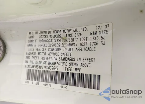 2008 Honda Cr-V Lx from USA, damaged, VIN JHLRE48378C039647